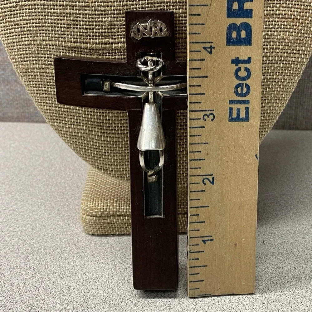 Vtg Taxco Mexico Hecho En Sterling Silver 925 Wood Cross Crucifix INRI Old Money